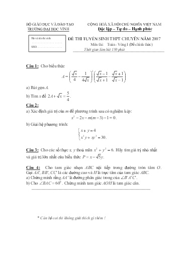 Đề Toán chuyên Đại học Vinh 2007 (Có đáp án)