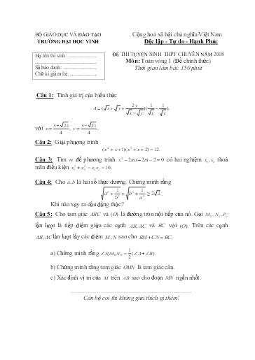Đề Toán chuyên Đại học Vinh 2008 (Có đáp án)