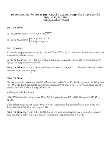 Đề Toán chuyên Đại học Vinh 2024 (Có đáp án)