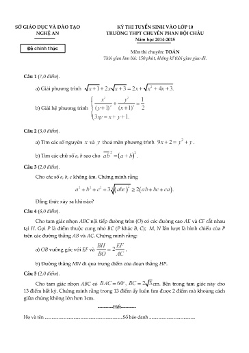 Đề Toán chuyên Phan Bội Châu 2014-2015 (Có đáp án)