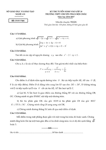 Đề Toán chuyên Phan Bội Châu 2016-2017 (Có đáp án)