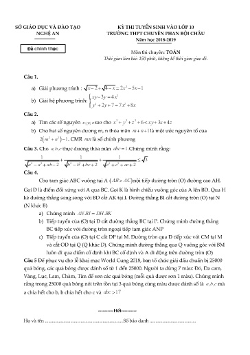 Đề Toán chuyên Phan Bội Châu 2018-2019 (Có đáp án)