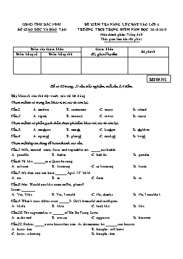 Đề thi vào Lớp 6 môn Tiếng Anh trường THCS Trọng Điểm Bắc Ninh năm 2018-2019 (Có đáp án)
