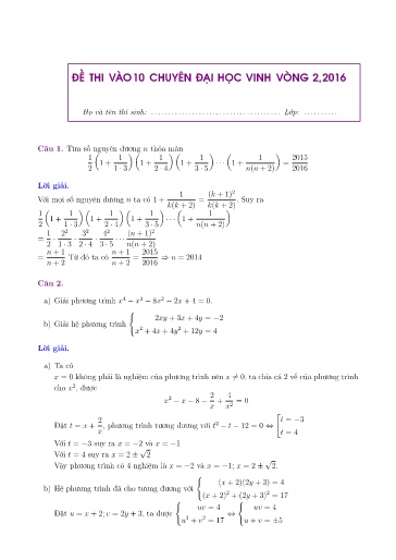 Đề Toán chuyên Đại học Vinh 2016 (Có đáp án)