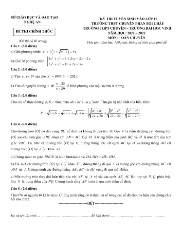 Đề Toán chuyên Đại học Vinh 2021 (Có đáp án)