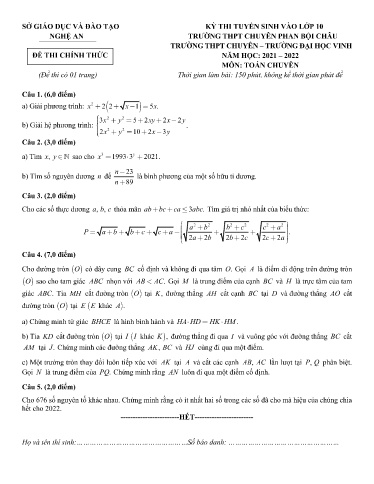 Đề Toán chuyên Phan Bội Châu 2021-2022 (Có đáp án)