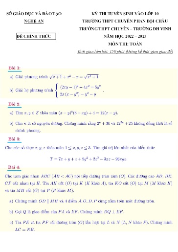 Đề Toán chuyên Phan Bội Châu 2022-2023 (Có đáp án)