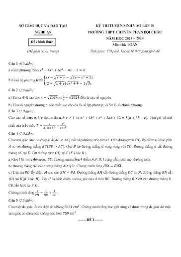 Đề Toán chuyên Phan Bội Châu 2023-2024 (Có đáp án)