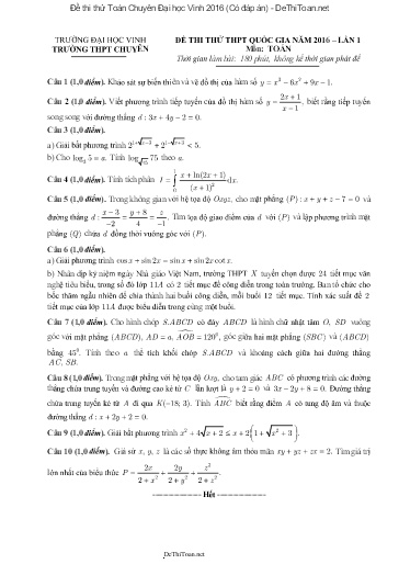 Đề thi thử Toán Chuyên Đại học Vinh 2016 (Có đáp án)