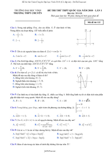 Đề thi thử Toán Chuyên Đại học Vinh 2018 (Có đáp án)