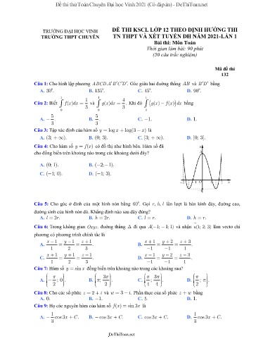 Đề thi thử Toán Chuyên Đại học Vinh 2021 (Có đáp án)