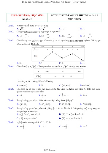Đề thi thử Toán Chuyên Đại học Vinh 2023 (Có đáp án)