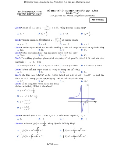 Đề thi thử Toán Chuyên Đại học Vinh 2024 (Có đáp án)