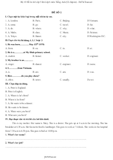 Bộ 10 Đề ôn luyện hè môn Tiếng Anh Lớp 5 lên Lớp 6 (Có đáp án)