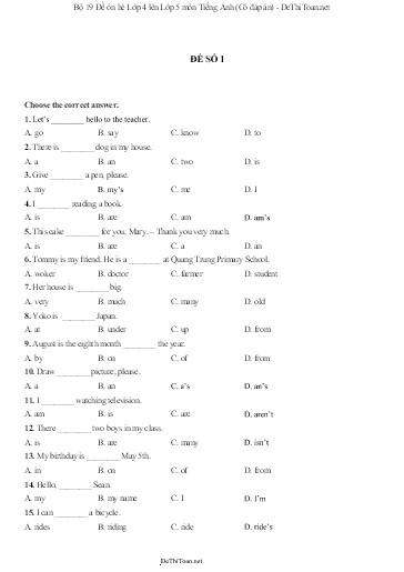 Bộ 19 Đề ôn hè Lớp 4 lên Lớp 5 môn Tiếng Anh (Có đáp án)