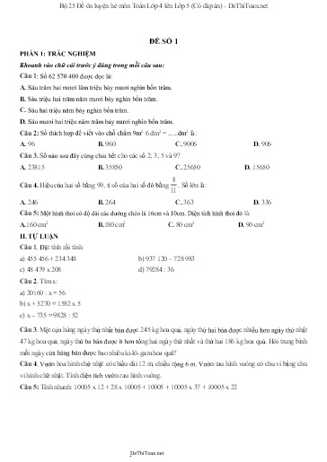 Bộ 25 Đề ôn luyện hè môn Toán Lớp 4 lên Lớp 5 (Có đáp án)