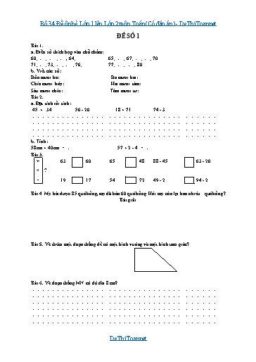 Bộ 34 Đề ôn hè Lớp 1 lên Lớp 2 môn Toán (Có đáp án)