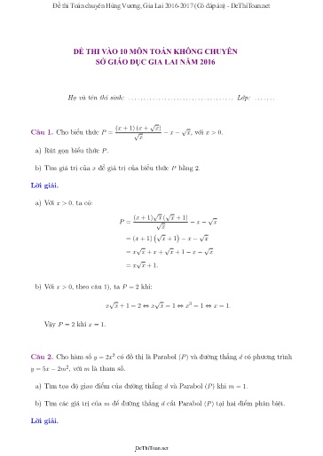 Đề thi Toán chuyên Hùng Vương, Gia Lai 2016-2017 (Có đáp án)