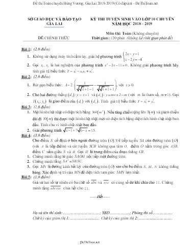 Đề thi Toán chuyên Hùng Vương, Gia Lai 2018-2019 (Có đáp án)