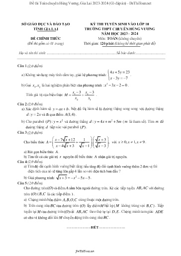 Đề thi Toán chuyên Hùng Vương, Gia Lai 2023-2024 (Có đáp án)