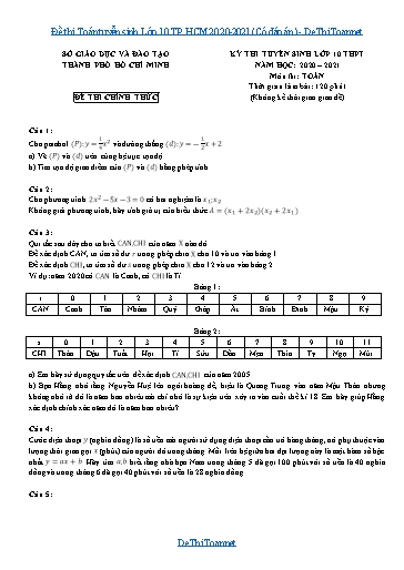 Đề thi Toán tuyển sinh Lớp 10 TP.HCM 2020-2021 (Có đáp án)