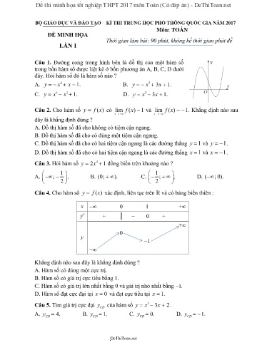 Đề thi minh họa tốt nghiệp THPT 2017 môn Toán (Có đáp án)