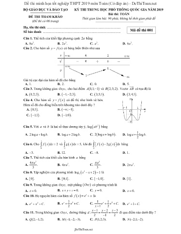 Đề thi minh họa tốt nghiệp THPT 2019 môn Toán (Có đáp án)