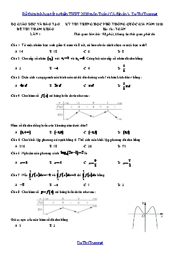 Đề thi minh họa tốt nghiệp THPT 2020 môn Toán (Có đáp án)
