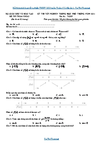 Đề thi minh họa tốt nghiệp THPT 2021 môn Toán (Có đáp án)