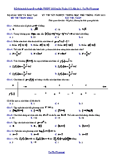 Đề thi minh họa tốt nghiệp THPT 2022 môn Toán (Có đáp án)