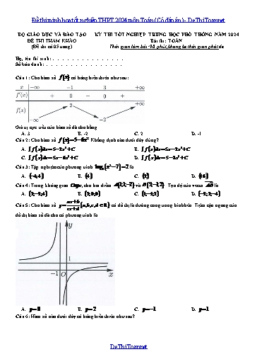 Đề thi minh họa tốt nghiệp THPT 2024 môn Toán (Có đáp án)