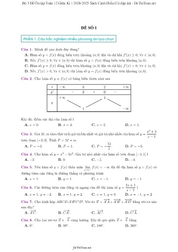 Bộ 5 Đề Ôn tập Toán 12 Giữa Kì 1 2024-2025 Sách Cánh Diều (Có đáp án)