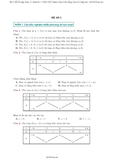 Bộ 5 Đề Ôn tập Toán 12 Giữa Kì 1 2024-2025 Sách Chân Trời Sáng Tạo (Có đáp án)