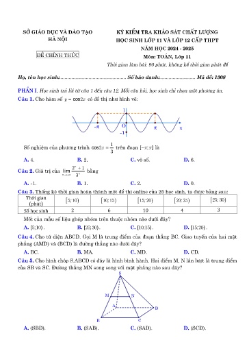 Đề thi khảo sát Toán 11 SGD Hà Nội 2024-2025 (Có đáp án)